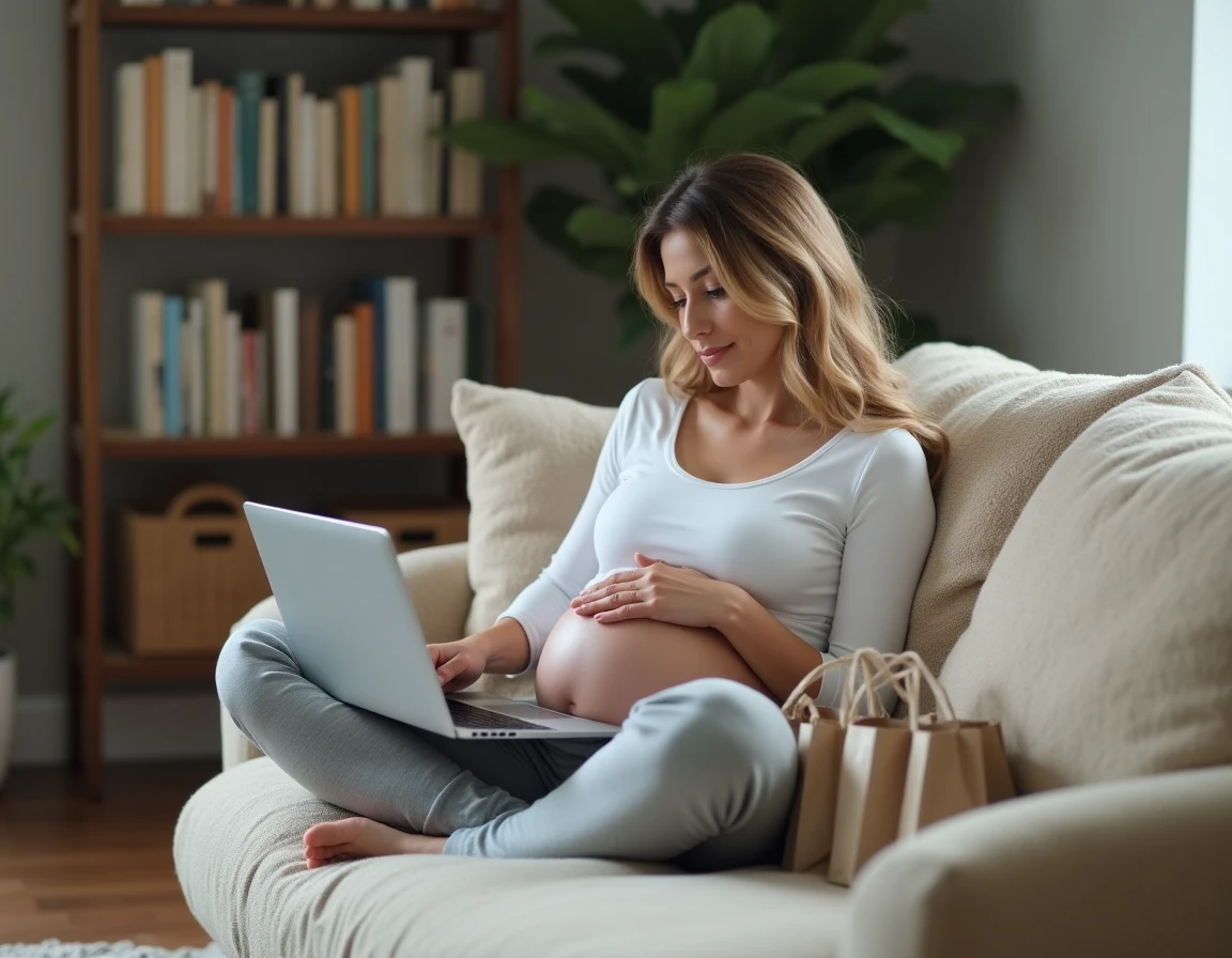 Femme enceinte consultant un site internet pour demander des échantillons gratuits bébé depuis son canapé