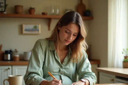 Femme enceinte remplissant un formulaire de demande d'échantillons gratuits pour bébé à la maison
