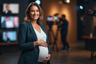 Femme enceinte présentatrice de télévision debout dans un studio TV avec sourire naturel et tenue professionnelle