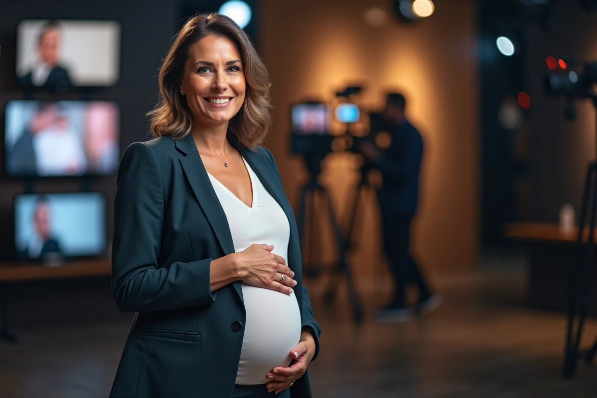 Femme enceinte présentatrice de télévision debout dans un studio TV avec sourire naturel et tenue professionnelle