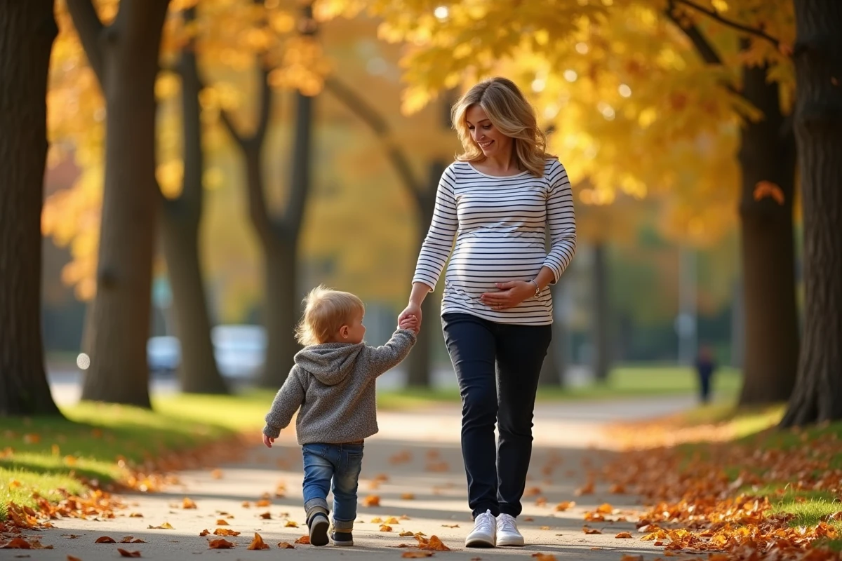Femme enceinte se promenant avec son enfant dans un parc en automne ambiance familiale naturelle