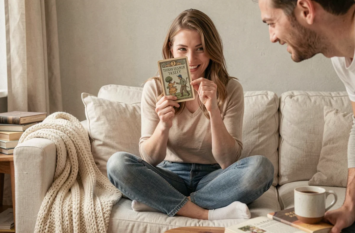 Femme fiancée tenant une carte de jeu Les Zamours avec un sourire complice sur un canapé en lin crème