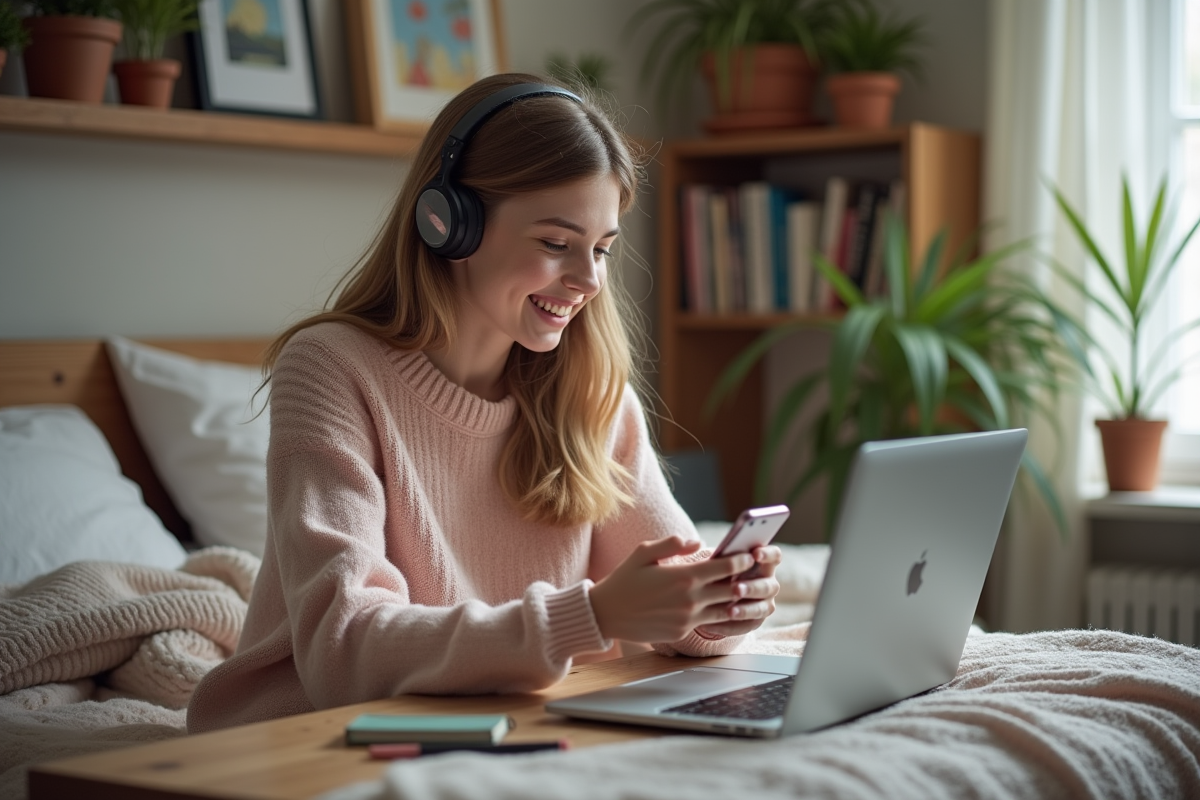 Jeune femme gen z souriante avec smartphone dans sa chambre