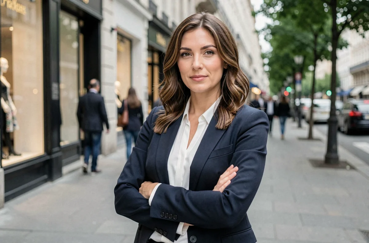 Femme confiante dans la rue illustrant l'indépendance face aux attentes sociétales sur la maternité