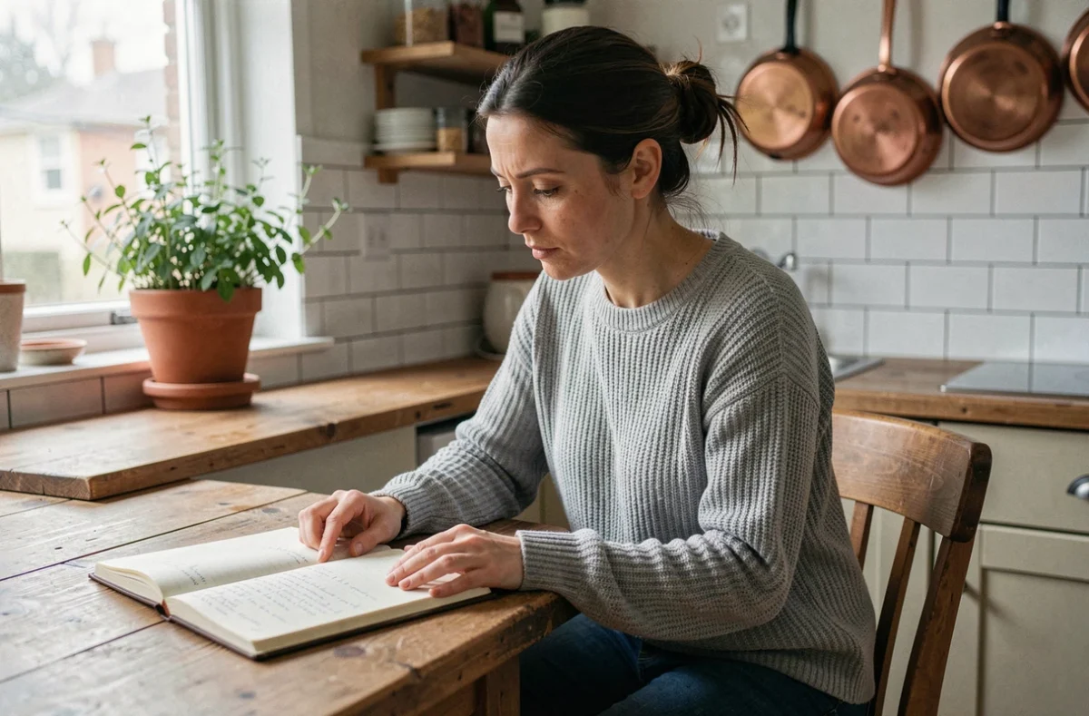 Femme dans la trentaine assise à une table en bois consultant un journal personnel dans une cuisine familiale