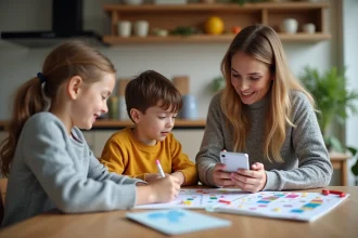 Femme avec enfants dans la cuisine utilisant une application