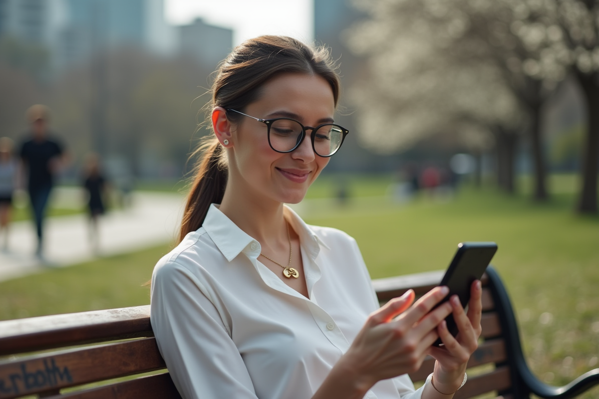 Jeune femme lisant son horoscope sur smartphone dans un parc