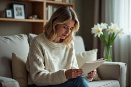 Femme en int&eacute;rieur lit une lettre de condoleances
