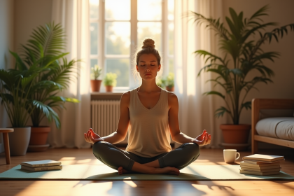 Jeune femme méditant dans un salon lumineux et paisible