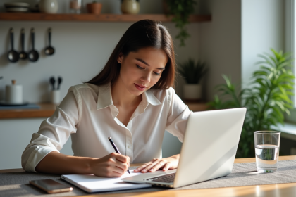 Femme organisée prenant des notes dans un planner à la maison