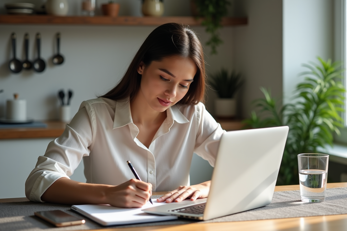 Femme organisée prenant des notes dans un planner à la maison