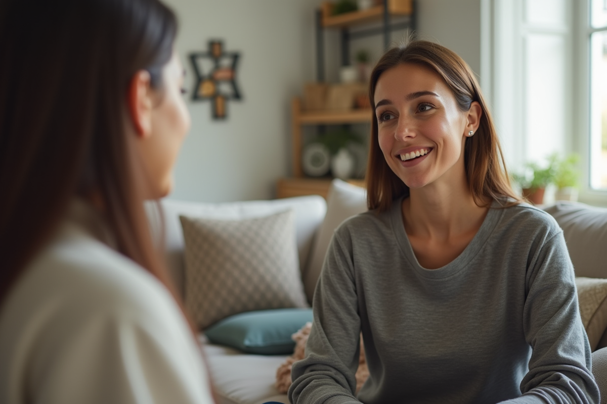 Femme parlant avec son partenaire dans un salon lumineux