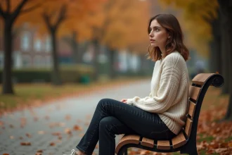 Jeune femme pensive assise seule sur un banc dans un parc en automne, illustrant une rupture amoureuse et une période de réflexion sentimentale