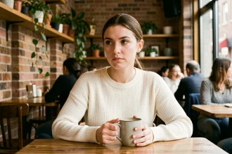 Jeune femme réfléchie attablée dans un café, illustrant la pression sociale liée à la maternité