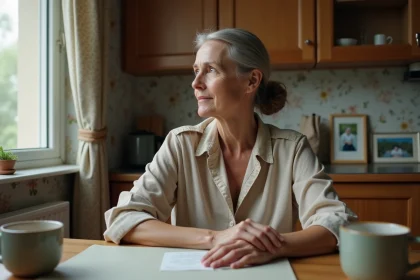 Femme contemplant une lettre et photo de sa m&egrave;re