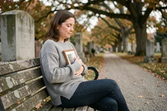 Femme assise seule dans un cimetière tenant la photo de son père décédé, expression apaisée et recueillie