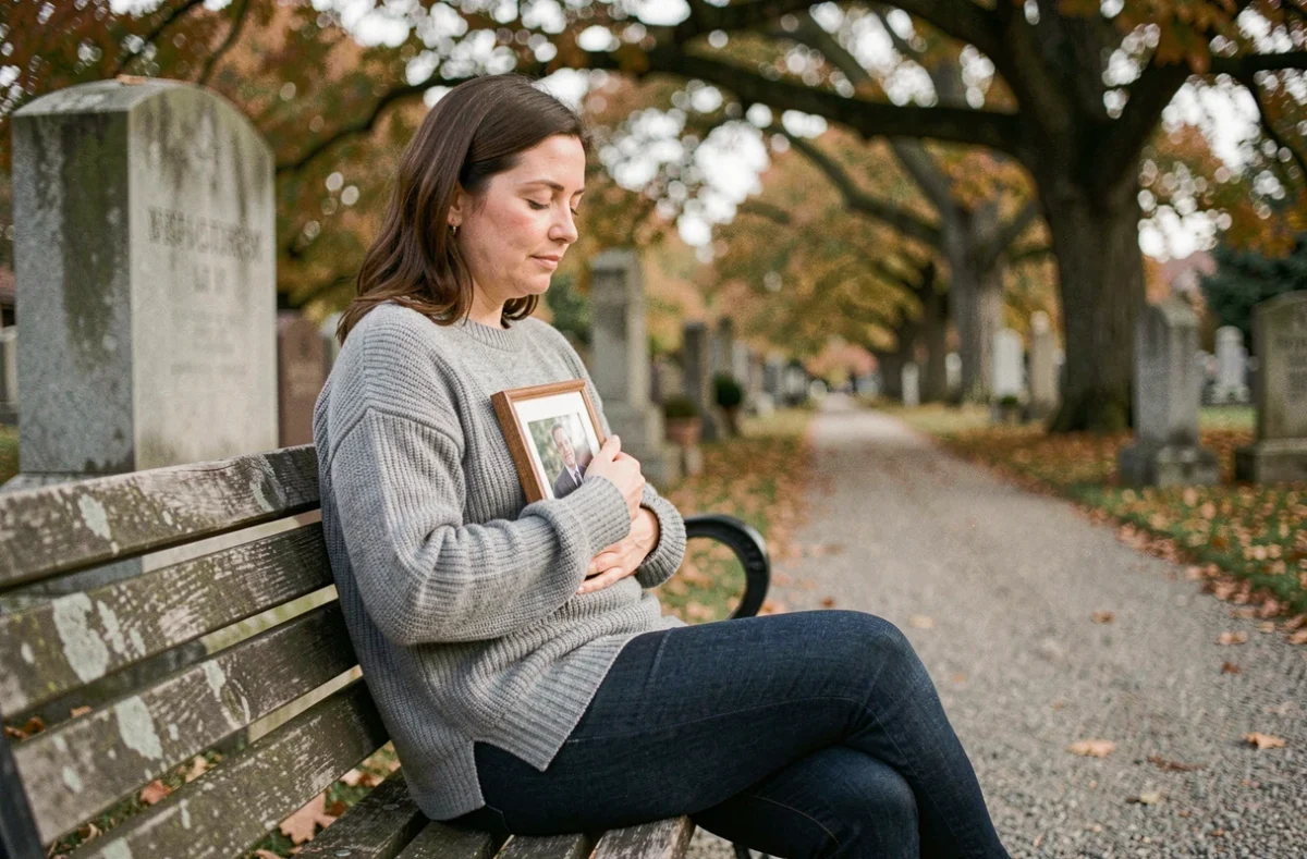 Femme assise seule dans un cimetière tenant la photo de son père décédé, expression apaisée et recueillie