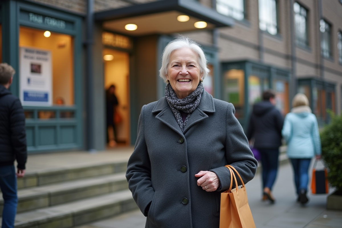 Femme âgée souriante avec sac devant mairie en hiver