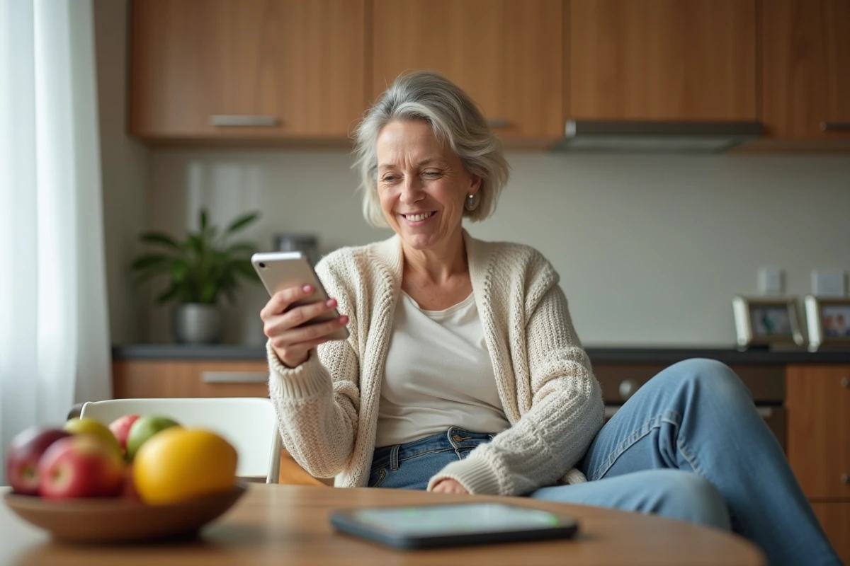 Femme d'âge moyen souriante avec smartphone dans la cuisine