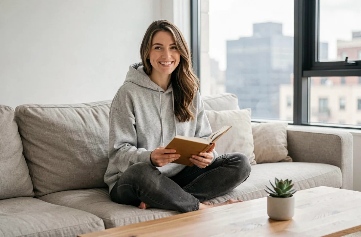 Femme sereine dans son appartement lisant un livre, symbole du choix personnel face à la pression de la maternité
