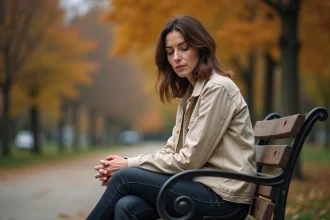 Femme adulte assise seule sur un banc de parc en automne, expression pensive, illustrant le sentiment de rejet parental à l'âge adulte