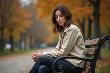 Femme adulte assise seule sur un banc de parc en automne, expression pensive, illustrant le sentiment de rejet parental à l'âge adulte