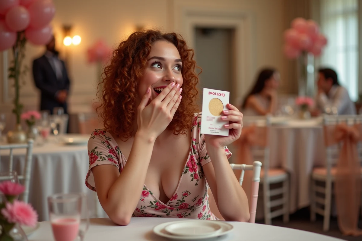 Femme surprise et souriante tenant une carte à gratter personnalisée lors d'une réception festive