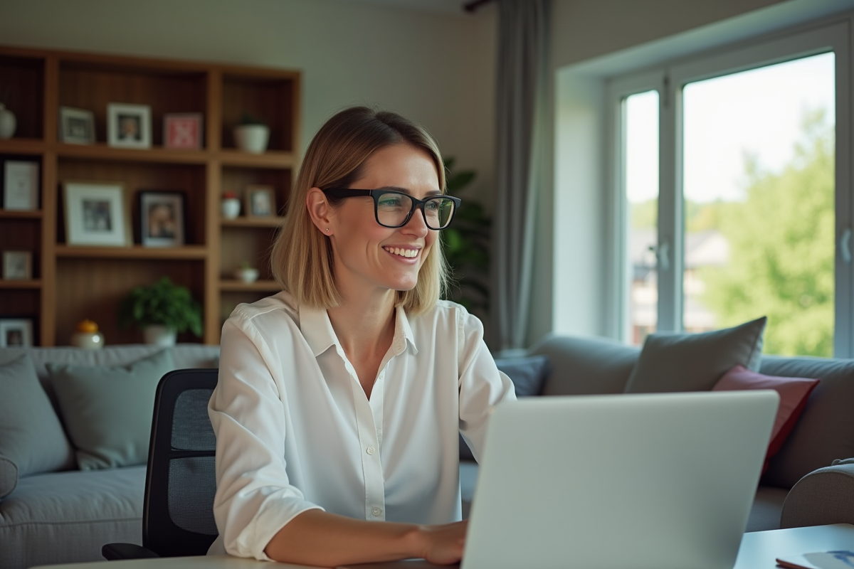 Femme en visioconference dans un salon lumineux