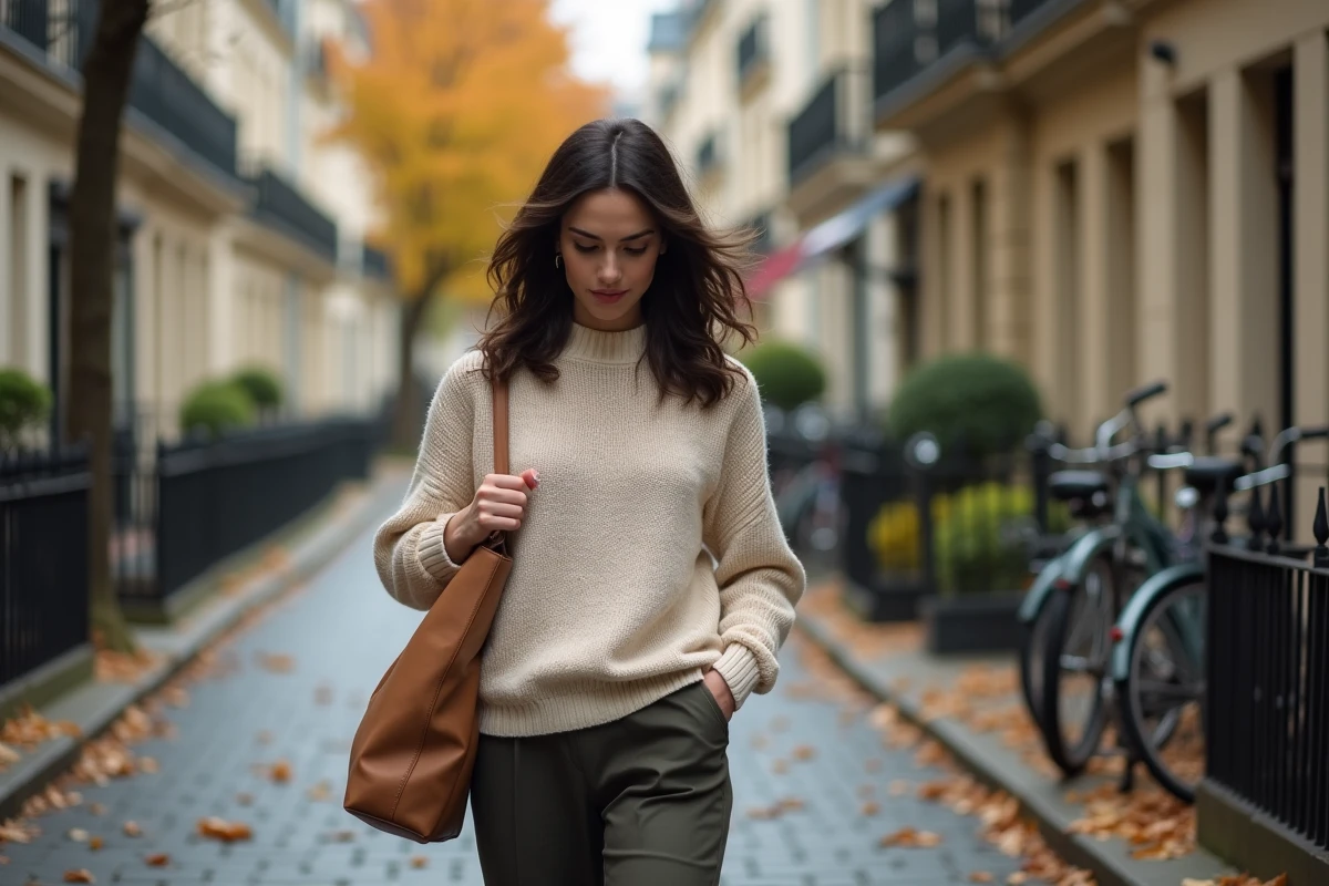 Femme marchant seule dans une rue parisienne haussmannienne en automne, évoquant l'intimité et la vie privée loin des caméras