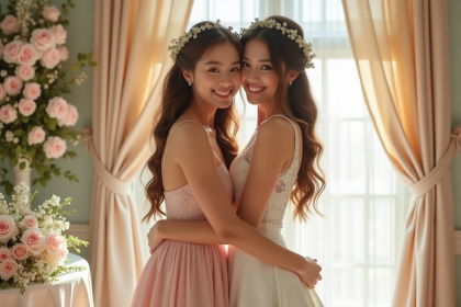 Deux femmes joyeuses lors d'un mariage avec robes élégantes