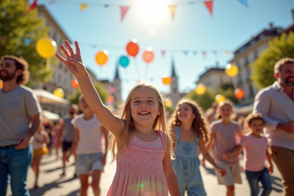 Fête en plein air avec familles et ballons colorés