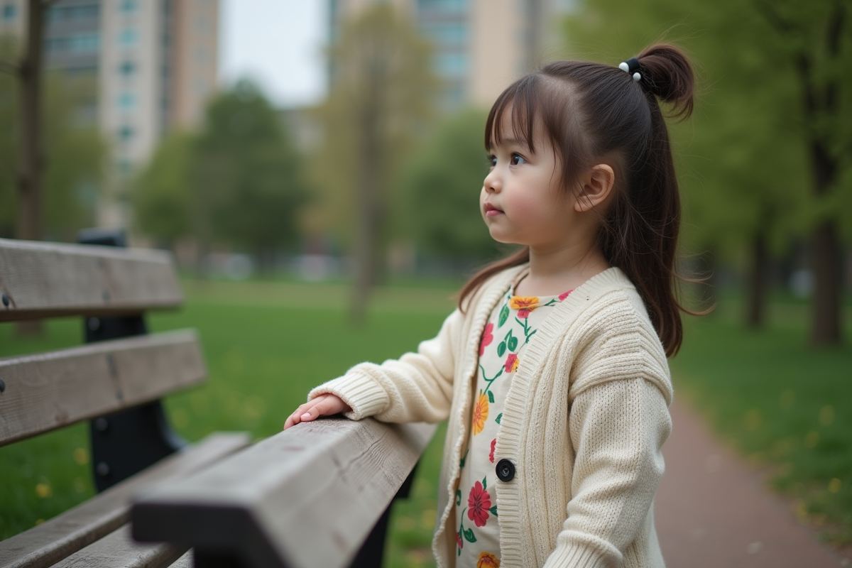Fille de 19 mois en robe fleurie dans un parc urbain