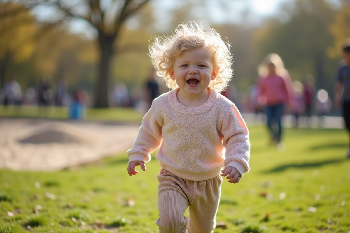 Fille de deux ans courant dans un parc public ensoleille