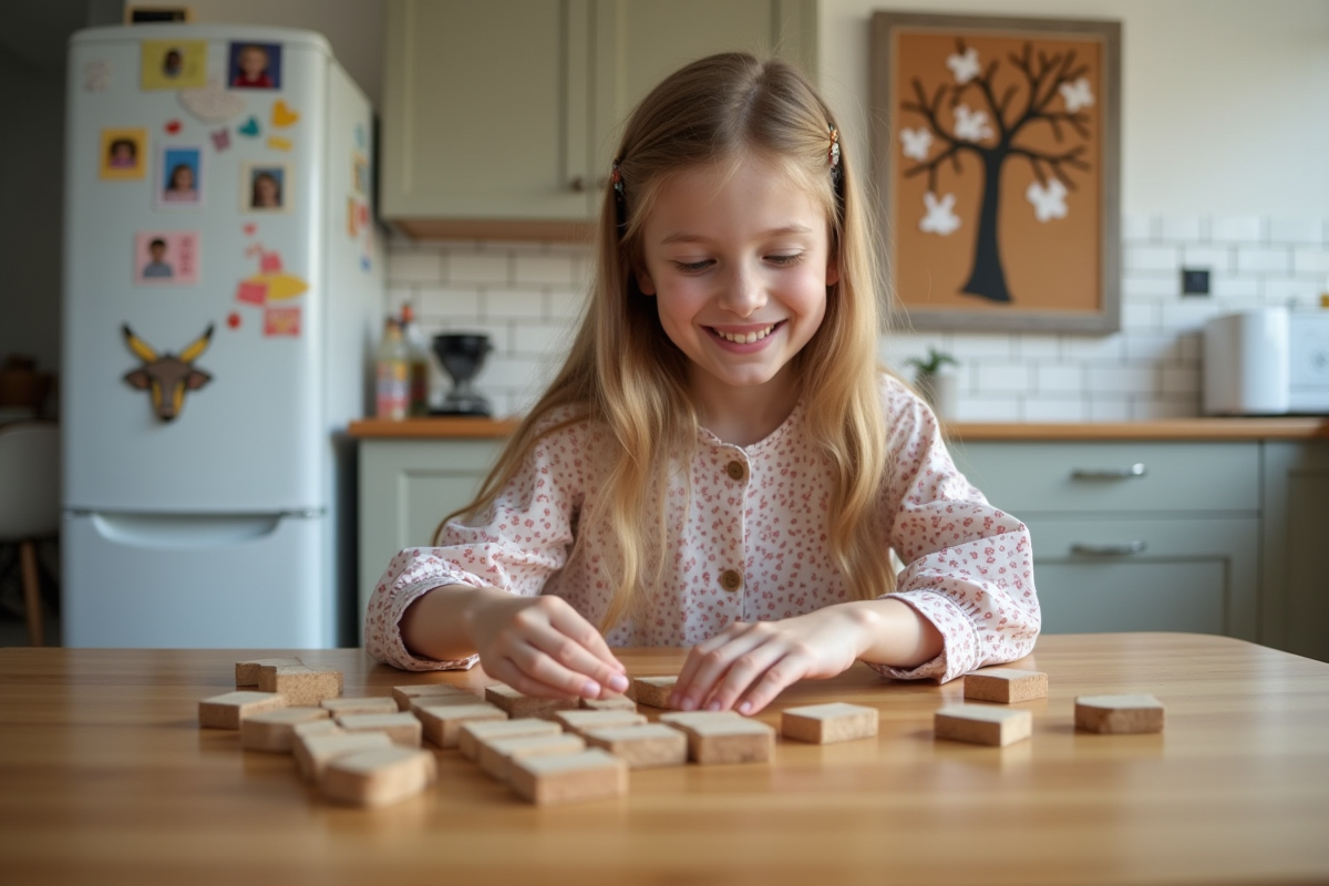 Fille souriante jouant avec des blocs dans la cuisine