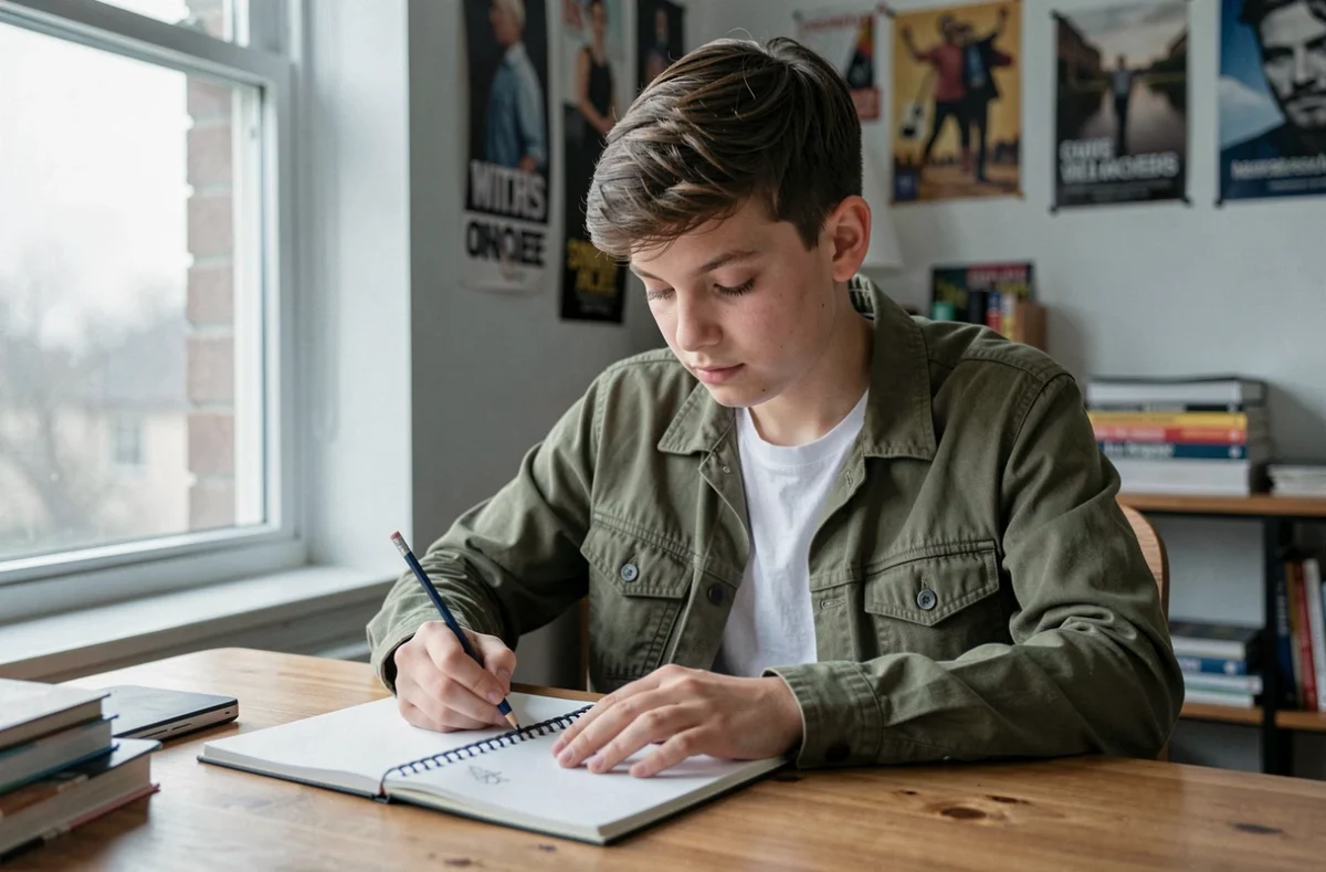 Jeune adolescent concentré sur son carnet de croquis dans sa chambre, représentant la croissance et la créativité d'un jeune adulte en devenir