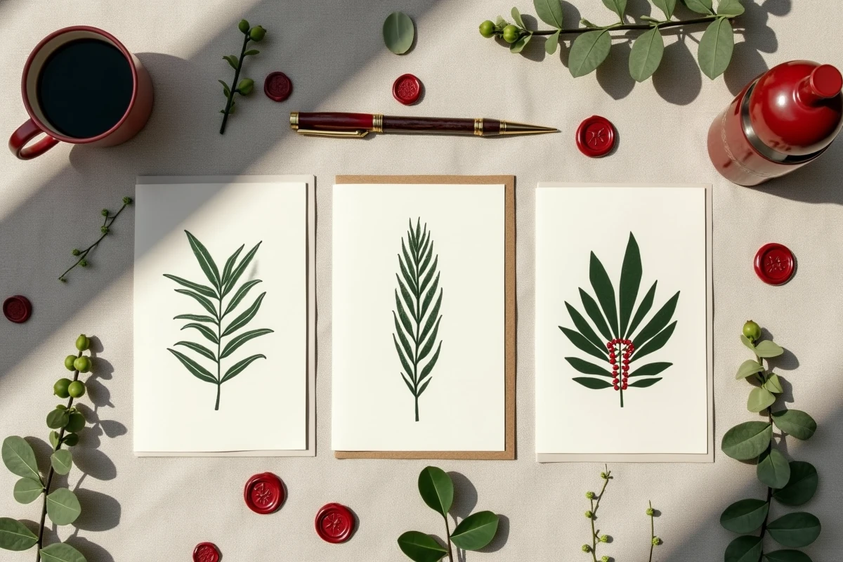 Vue de dessus d'une collection de cartes de Noël originales imprimées avec des designs botaniques et géométriques posées sur une nappe en lin avec des accessoires de calligraphie et des branches d'eucalyptus