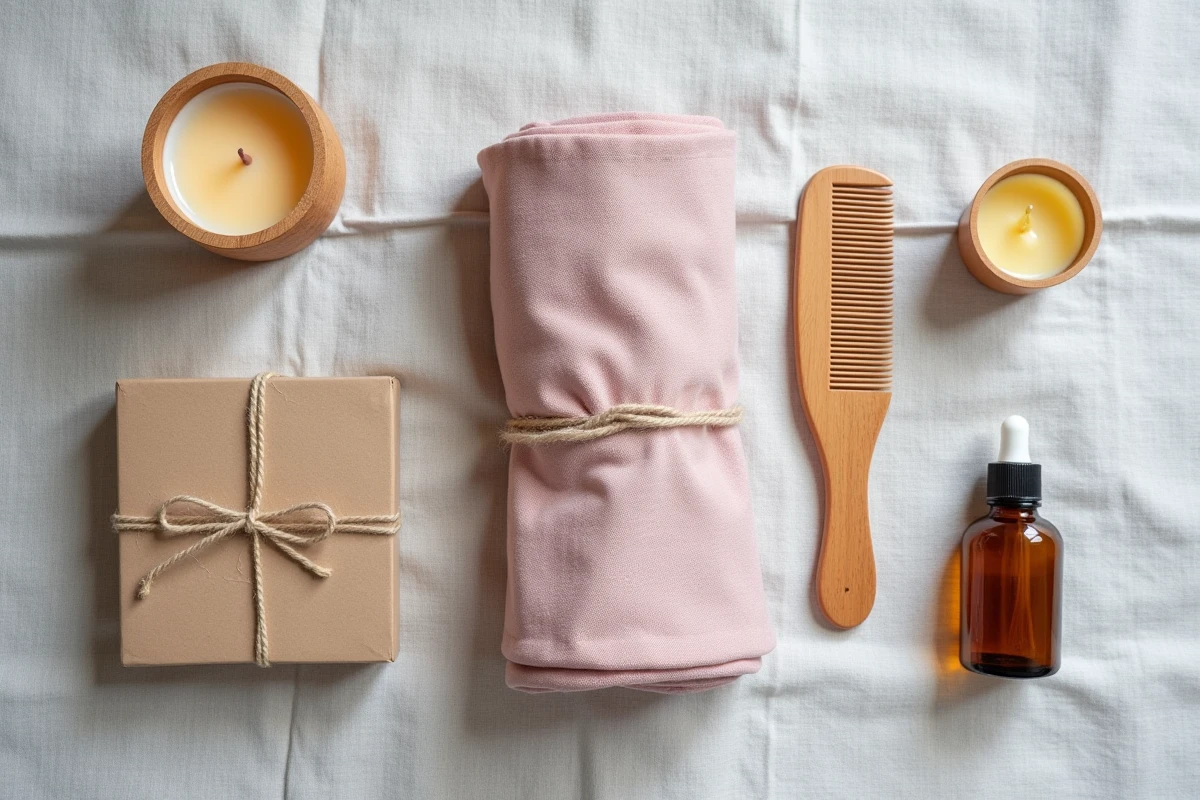Flatlay de cadeaux de grossesse zéro déchet et écoresponsables sur tissu lin gris