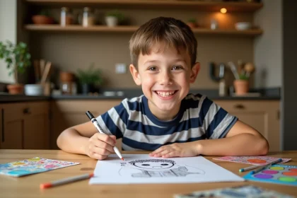Garçon de 8 ans souriant qui écrit et dessine des messages d'anniversaire sur des cartes colorées à une table en bois