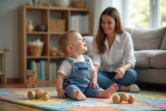 Garçon de 19 mois en salopette bleue joue sur un tapis coloré