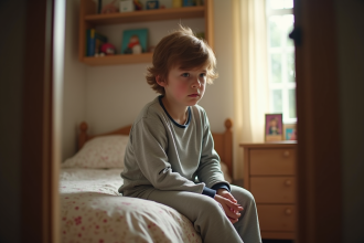 Jeune garçon assis sur son lit dans une chambre chaleureuse