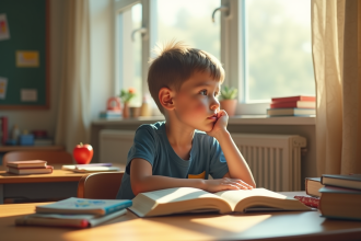 Jeune garçon seul à une table de classe lumineuse regardant par la fenêtre