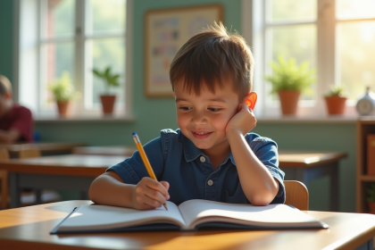 Jeune garçon souriant en classe avec son cahier