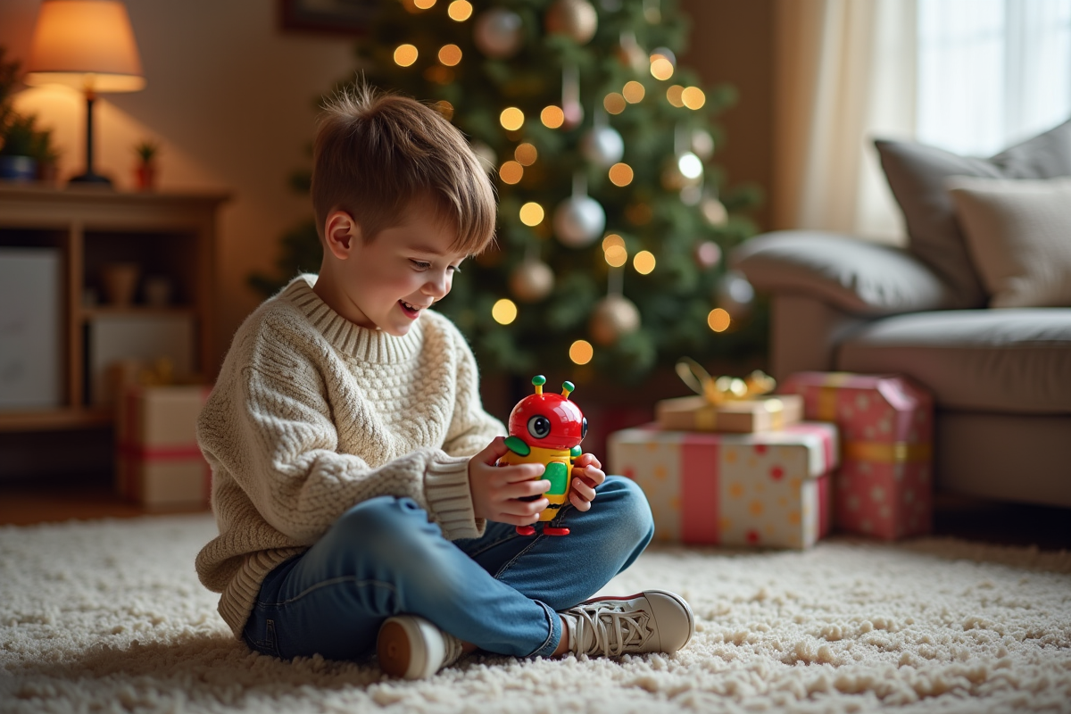 Garçon de 8 ans avec robot coloré et décorations de Noël