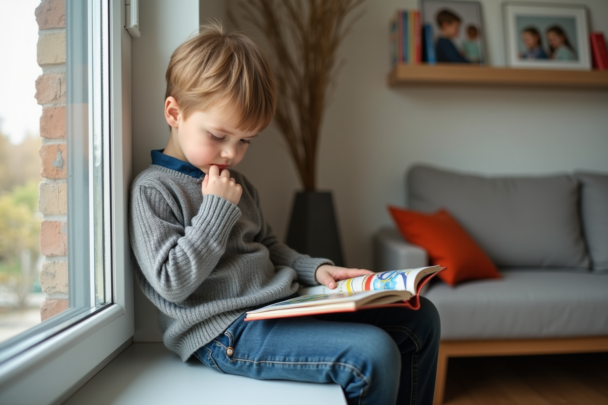 Jeune garçon lisant un livre coloré sur un rebord de fenêtre