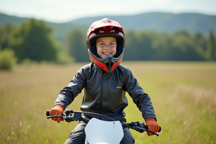 Garçon de 14 ans en tenue motocross souriant en plein air