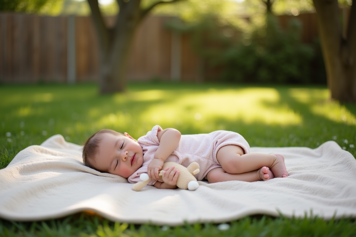 Garcon en sieste dans un jardin avec couverture et jouet