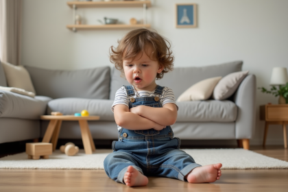 Gar&ccedil;on de deux ans en crise dans un salon chaleureux