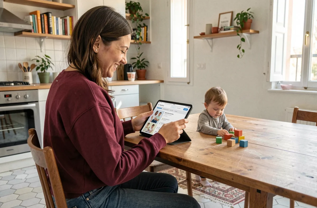 Une mère des Bouches-du-Rhône consulte le réseau Garder mes enfants sur une tablette dans son appartement marseillais