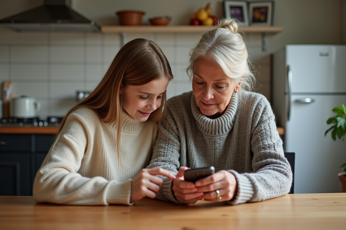 Grand-mère et petite fille regardant un smartphone à la cuisine
