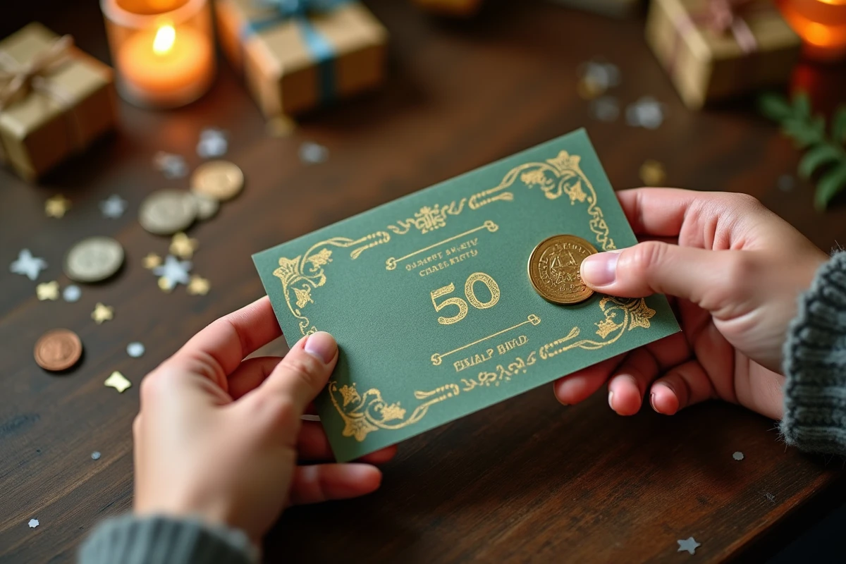Gros plan de mains en train de gratter une carte à gratter personnalisée sur une table décorée avec des confettis